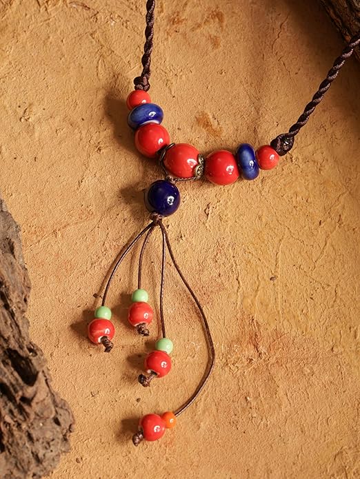 MINACHI Vintage Bohemian Ethnic Colorful Ceramic Bead Long Y Necklace, Hippie Boho Summer Fashion Jewelry Gift for Women