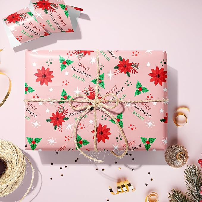 Vnaaem Funny Chrismas Wrapping Paper Roll for Women Aldut - Pink Xmas Floral, Happy Holiday Bixxh Text Rude Xmas Gift Wrap Sheets for Holiday Winter Birthday DIY Craft Party(Total 28.5sq.ft)