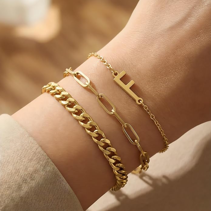 14K Gold Plated Bracelets for Women, A–Z Initial Charm Bangles Jewelry Set, Elegant Gold Accessories, Friendship Bracelet Gifts for Mom