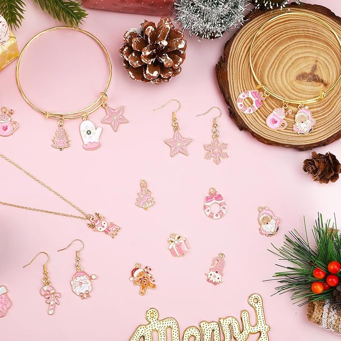 MARFOREVER 40 Pcs/20 Pairs Christmas Charms for Jewelry Making, Pink Christmas Enamel Charm Holiday Xmas Bangle Pendants for Bracelet Necklace Earrings Making Accessories