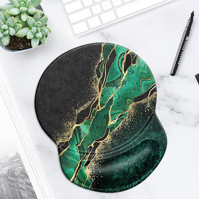 ITNRSIIET Ergonomic Mouse Pad with Gel Wrist Support Small Wrist Rest Smooth Surface Non-Slip PU Base Comfortable Office Supplies Pain Relief, 8.7 x 7.2 inches, Green Marble Gold
