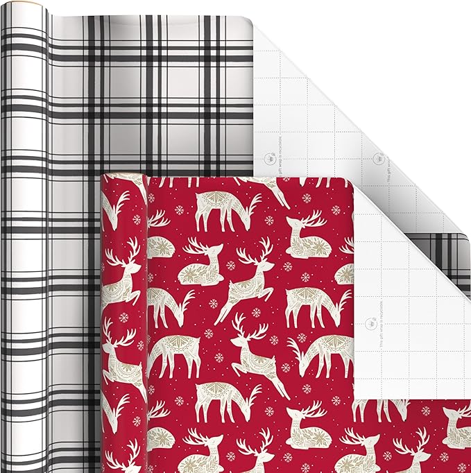 Hallmark Recycled and Recyclable Christmas Wrapping Paper Rolls with Cutlines on Reverse (6 Rolls: 150 Sq. Ft. Total) Deer, Mittens, Citrus with Pinecones, Red and Green Quilt