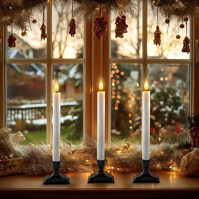 Homemory Real Wax Window Candles with Remote Timer Dimmer, Flameless Taper Candles with Holders, Christmas Candle for Window Battery Operated, LED Candlesticks for Home Holiday Decor, 6 Pcs White