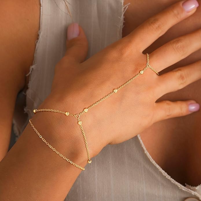 Valentine Gift 14K Gold Plated Hand Chain Bracelet for Women Trendy, 2 Pcs Stackable Gold/Silver Finger Ring Bracelet Hand Chain Dainty Non Tarnish Waterproof Set Jewelry Adjustable 7'+2