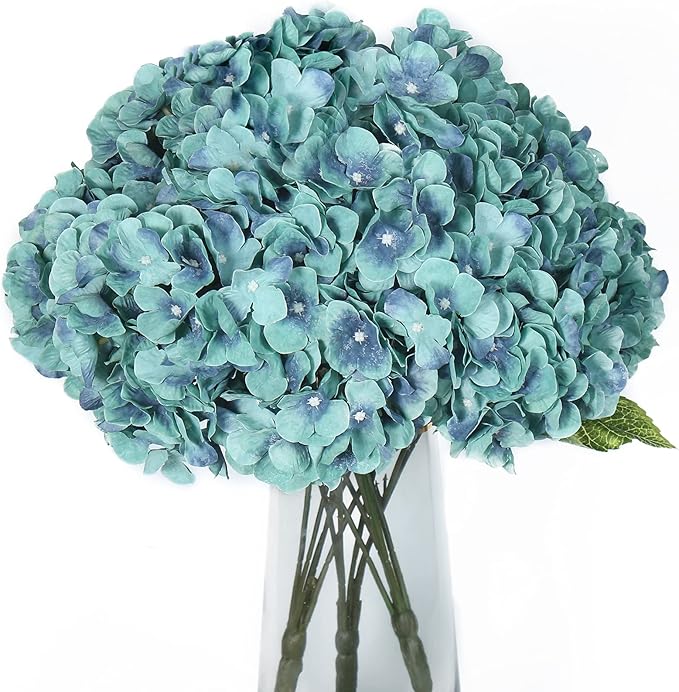 Kimura's Cabin 2Bouquets Fake Flowers Vintage Artificial Silk Hydrangea Flowers Bouquets 10Heads for Home Table Centerpieces Wedding Party Decoration (Acid Blue, Pack of 2)