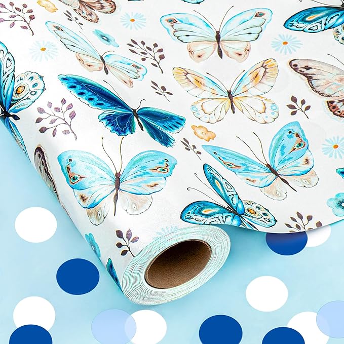 MAYPLUSS Butterfly Wrapping Paper, Vintage Watercolor Butterfly Fairy Gift Wrapping Paper for Women Girls Pearl Birthday Wrap in Blues Reversible Polka Dot for Baby Shower, Wedding (17Inch X 33Feet)