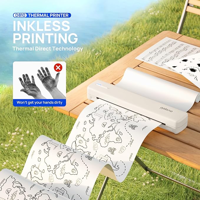 POLONO Portable Printer Wireless for Travel, D810 Bluetooth Thermal Printer Support for 8.5"x11" US Letter, Beige