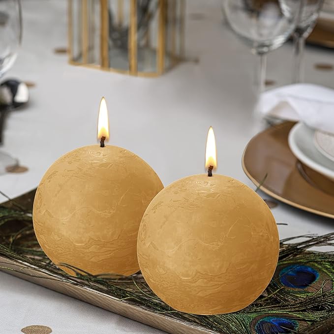 BOLSIUS 3 Pack Yellow Rustic Ball Pillar Candles - 3 Inch - Premium European Quality - Includes Natural Plant-Based Wax - Unscented Dripless Smokeless 25 Hour Party Décor and Wedding Candles