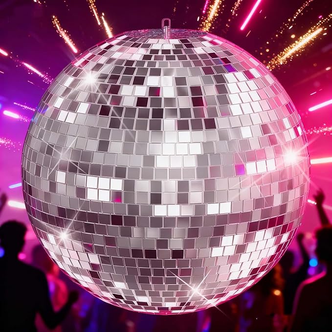 12 Inch LED Light Silver Disco Ball,Silver Glass Mirror Ball Light for Party, Christmas Decorations,USB Powered Mirror Disco Ball for Nightclub,Bar,Wedding,DJ Party Lighting(12inch)