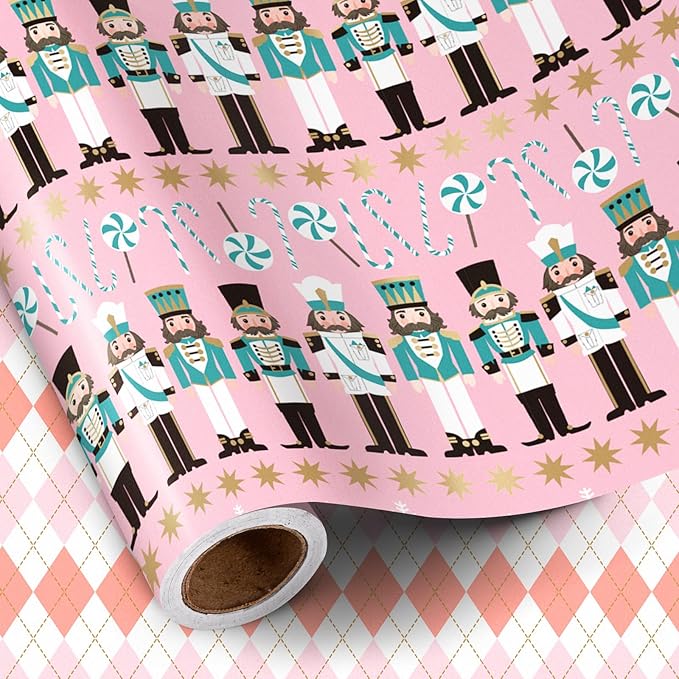 RUSPEPA Reversible Christmas Wrapping Paper Roll, Mini Roll, Pink Nutcracker Soldier and Diamond Pattern Gift Wrap for Kids, Girls, Family, Xmas Holiday Gifts, 17.5 Inches X 32.8 Feet