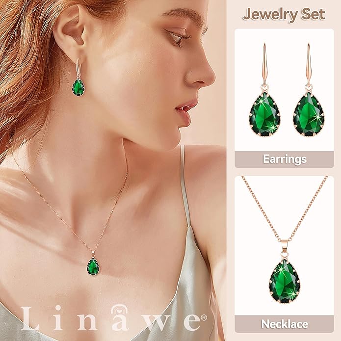 Linawe Crystal Jewelry Sets for Women, Imitation Diamond Pendant Necklace, Rhinestone Drop Dangle Earrings, Birthstone Cubic Zirconia Matching Wedding Jewelry, 14K Gold/Rose Gold/Silver Tones