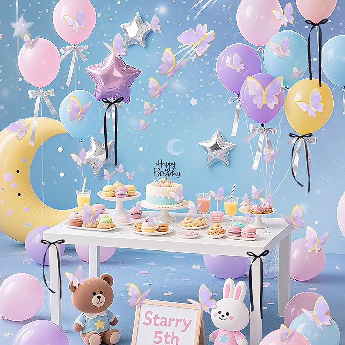 17PCS Happy Birthday Cake Toppers 3D Butterfly Cupcake Topper Pink Purple Gold Bow Cake Topper Birthday Party Decoration for Your Family and Friends