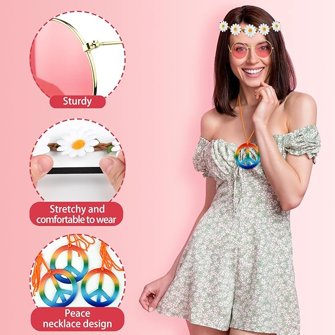 NEBURORA Hippie Costume Accessories Set 60s 70s Daisy Headband Peace Sign Necklaces Hippie Sunglasses for Carnival Party