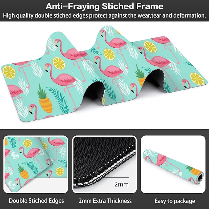 Pink Flamingo Desk Mat,Large Summer Flamingos Pineapples Tropical Leaves Gaming Keyboard Mouse Pad,Non-Slip Rubber Base Desk Pad Thick Stitched Edges Waterproof Mousepad Mouse Mat 31.5"x11.8"