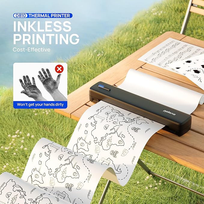 POLONO Portable Printer, D810 Inkless Bluetooth Thermal Printer Wireless for Travel, Compatible with iOS, Android, Laptop, Supports 8.5"x11" US Letter for Office, Car, Home, Black, 1 Pack