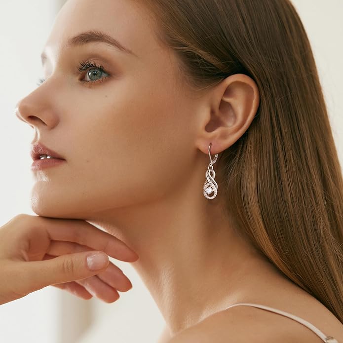 Sterling Silver Dangle Earrings for Women Trendy Hypoallergenic Leverback Silver Drop Earrings with Cubic Zirconia Double Twisted Infinity Heart Ball Charm Dangle Drop Earring Jewelry