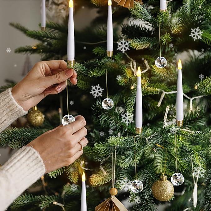 Pack of 12 Flickering Remote 0.5" x6" LED Short Taper Candles with 12 Crystal Ball Hooks, Battery Operated Timer Window White Plastic Flameless Warm Light Candlesticks for Holiday Decor