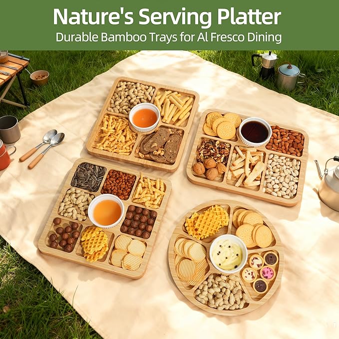 YANG Charcuterie Board with Lid, Divided Bamboo Serving Tray with Leak-Proof Locking Lid, Serving Platter Dish for Housewarming Party Gift Ready (5 Compartments,Square)