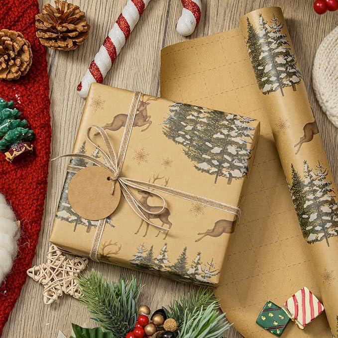 Garbendy Kraft Wrapping Paper Roll - 17 Inch X 32.8 Feet - Reindeer & Christmas Trees Design Printed in Wrapping Paper with Cut Lines on Reverse Perfect for Christmas, Birthday, Baby Shower,Party