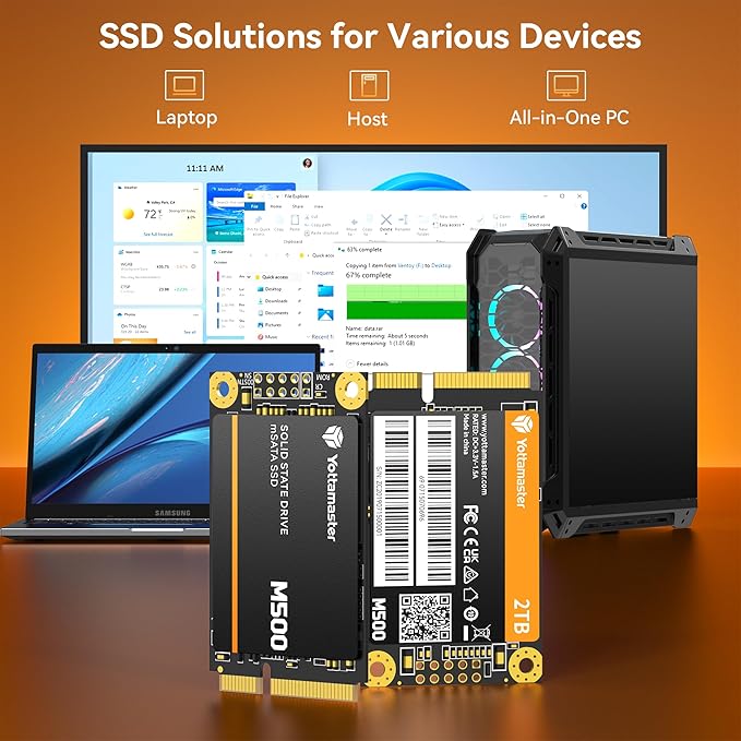 Yottamaster M500 2TB mSATA SSD SATA III 6Gb/s, mSATA Internal Solid State Drive Up to 500MB/s, Mini-SATA with 3D NAND, Compatible with Ultrabooks Desktop PC Laptop, All-in-One PCs, 30x50mm