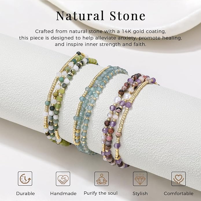 Beaded Bracelets Stack for Women Small Beaded Stretch Stone Bracelets Stackable Gemstone Crystal Dainty Boho 14K Gold Plated Beads Anklets Necklace Summer Jewelry for Women