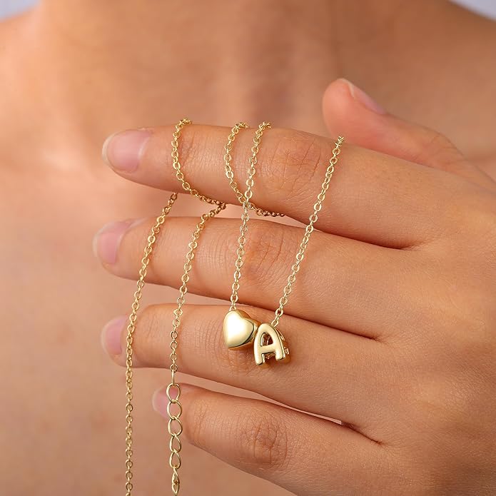 M MOOHAM Valentines Gifts for Kids Her - Heart Initial Necklaces for Women Girls 14K Gold Plated Tiny Heart Necklace Jewelry for Kids Personalized Birthday Gifts for Teen Girls Trendy
