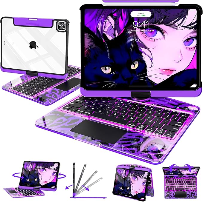Intermerge for iPad 9th 10.2 inch Keyboard Case, 360° Transparent Multi-Touch Trackpad, 7-Color Backlit Keyboard, Pencil Holder, Type-C, Power Indicator for 9th/ 8th/ 7th - Neon Pulse