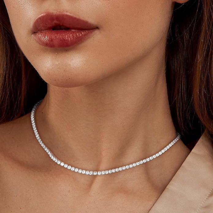 Tennis Necklace for Women, 14K Gold/Silver Plated Rhinestone Choker Necklace for Women, Dainty Cubic Zirconia Cut Faux Diamond Chain