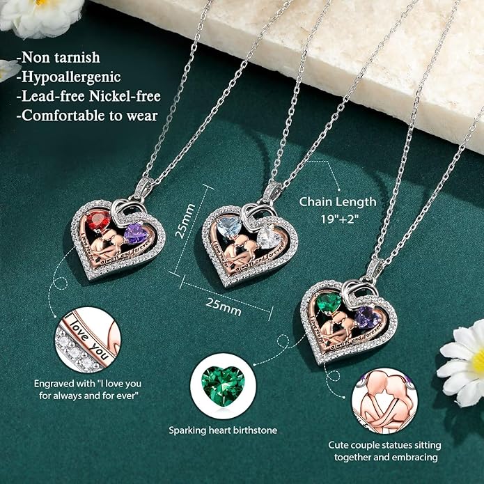 Iefil Valentines Day Gifts for Her - 925 Sterling Silver Double Heart Birthstone Necklace for Women, Anniversary Birthday Gifts for Wife I Love You Gift Couple Sitting Hugging Each Other Jewelry Gift
