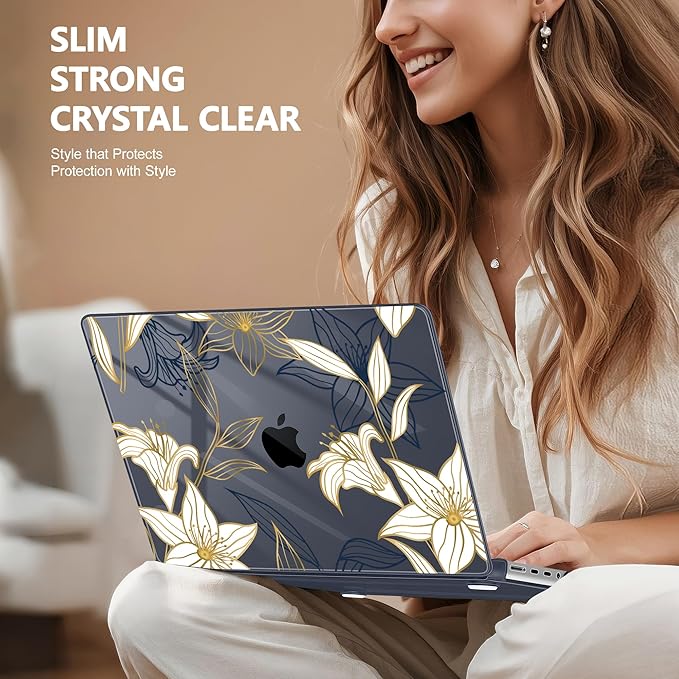 for MacBook Pro 16 inch Case 2021 2022 2023 2024 Release A3186 A3403 M4 A2991 M3 A2780 M2 A2485 M1 Pro/Max, Hard Shell Case with Screen Protector & Keyboard Cover, Golden Floral