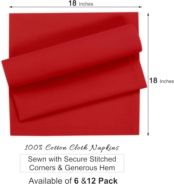 Ruvanti Premium Cloth Napkins Set of 12, 18x18 Inches, 100% Cotton, Washable, Soft & Absorbent, Perfect for Wedding, Christmas, Thanksgiving Dinners - Flame Scarlet