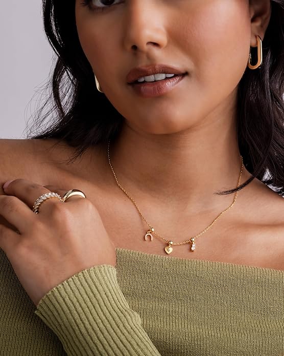 PAVOI 14K Gold Plated Dainty Necklace with Charms Set - Hypoallergenic Adjustable Chain Gold Charm Necklace for Women - Small Motif & Mantra 2 and 3-Pack Removable Pendants - Cute Jewelry Gifts