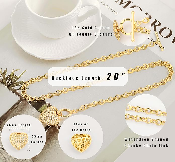 Aobei Pearl 18K Gold Plated Moon Star Lion Evil Eye Love Heart Cross Pendant Necklace Medallion Paperclip Chian Choker Layering Jewery for Women