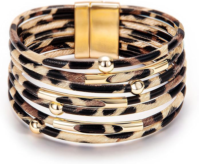 Fesciory Leather Wrap Bracelets for Women, Boho Leopard Multi-Layer Crystal Beads Cuff Bracelet Jewelry