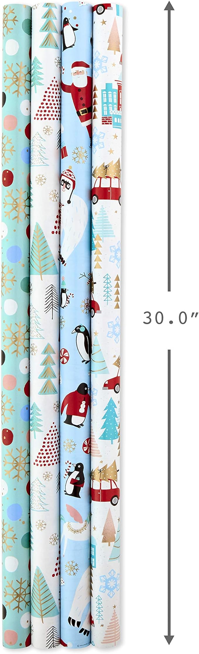Hallmark Holiday Wrapping Paper Bundle with Cut Lines on Reverse, Quirky Christmas (Pack of 4, 120 sq. ft. ttl) Yeti, Santa, Penguin, Snowflakes, Blue, Gold
