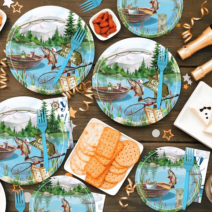 96PCS Gone Fishing Plates and Napkins Party Supplies - Fishing Birthday Party Decorations Fishing Themed Disposable Paper Tableware Set Serves 24 Guests