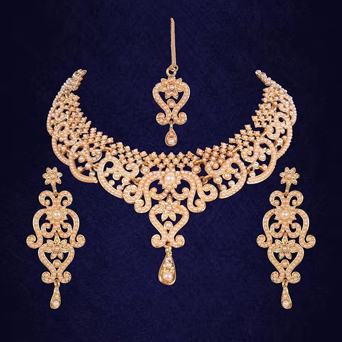 Touchstone Indian jewelry set for women bollywood gold jewellery wedding outfits necklace sets earrings bridal maang tikka fancy costume girls big desi accessories rhinestone in gold or silver tone