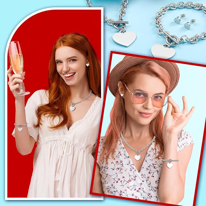 Bucherry 3 Pcs Heart Jewelry Set Bow Snowflake Jewelry Heart Pendant Chain Toggle Necklace with Bracelet Earrings Snowflake Stainless Steel Link Chain for Women Gift