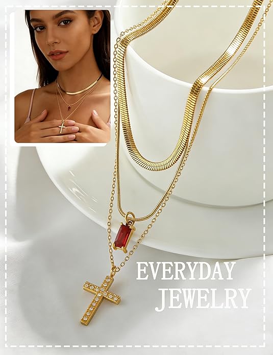 3Pcs Gold Layered Necklaces for Women, 14K Gold Plated Cross Necklace, Dainty Birthstone Necklace for Women, Herringbone Gold Necklaces Set, Stackable Women's Gold Pendant Necklaces Jewelry Set