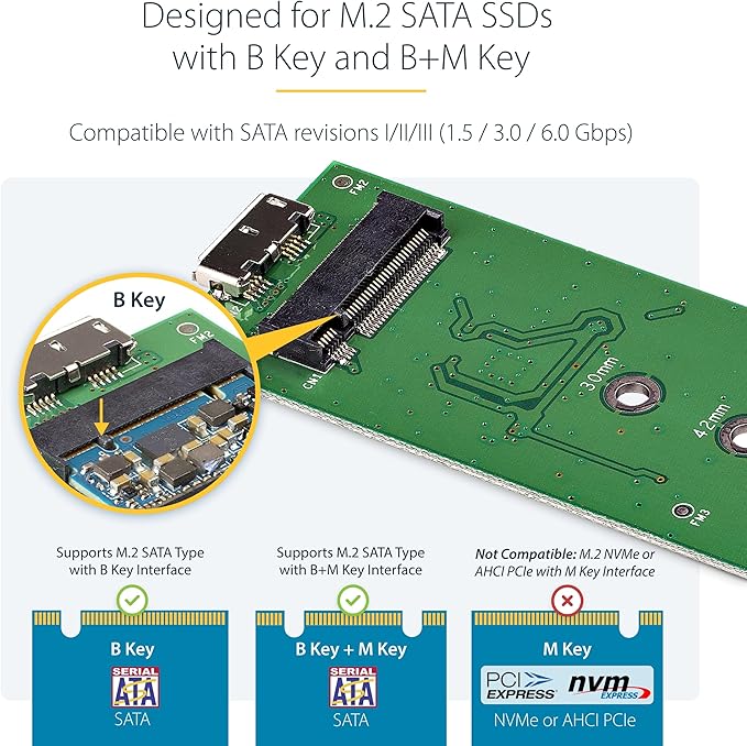StarTech.com M.2 SSD Enclosure for M.2 SATA SSDs - USB 3.1 (10Gbps) with USB-C Cable - External Enclosure for USB-C Host - Aluminum, TAA (SM21BMU31C3)