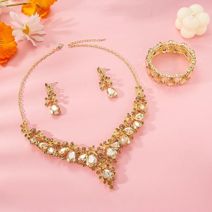 Elegant Bridal Wedding Jewelry Set for Women/Brides/Bridesmaids Teardrop Crystal Leaf Cluster Jewelry Set for Wedding Prom Party Bridal Bridesmaids Rhinestone Crystal Necklace Earrings Bracelet Set