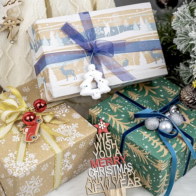 RUSPEPA Christmas Wrapping Paper Rolls with Tags and Jute String - 17 inches x 10 feet per Roll, Total of 3 Rolls