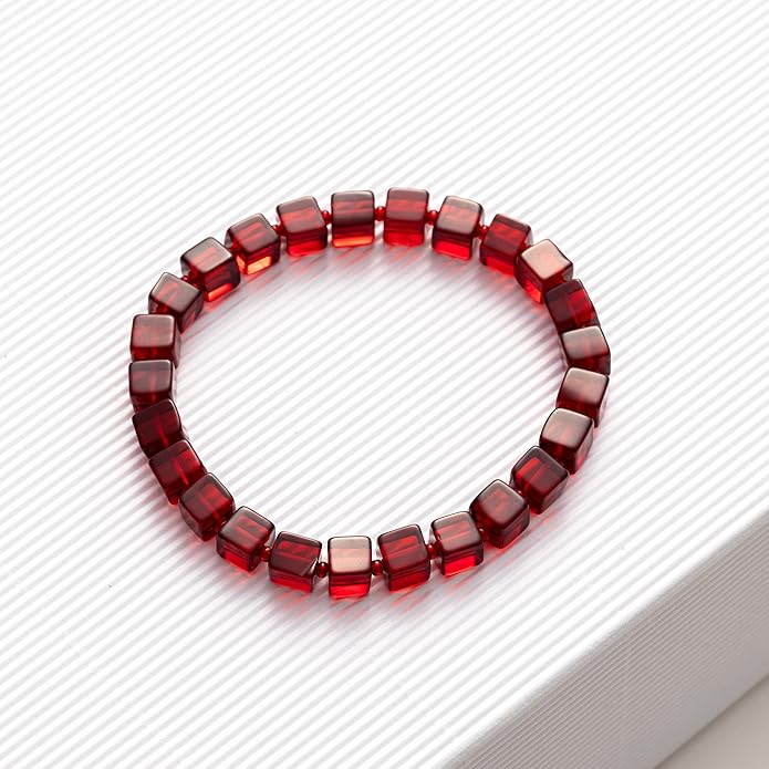 Natural Red Baltic Amber Bracelet for Women and Men – Stretch Wristband with Polished Cube Beads, Lightweight Unisex Jewelry Gift for Daily and Casual Wear (Red)