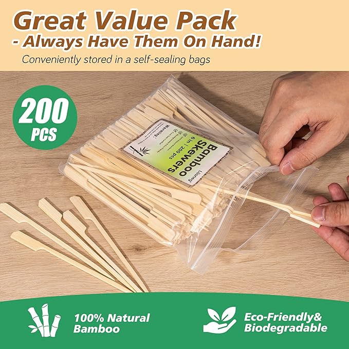 6 inch Bamboo Skewers for Appetizers, Fruit Kabobs, Wooden Food Cocktail Picks, Charcuterie Board Wood Sticks, for Grilling, BBQ Snacks, Caprese, Sandwich Toothpicks, Martini, Flat Handle- 200pcs