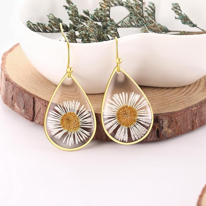 Forget-Me-Not and Queen Anne's Lace Pressed Wildflower Earrings | Pressed Flower Earrings | Handmade Drop and Dangle Earrings | Gift for Woman