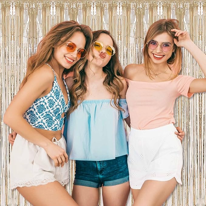 3 Pack Champagne Gold Foil Fringe Curtains Backdrop, 3.28 x 8.2 Ft Metallic Streamers Tinsel Curtains Background for Photo Booth, Birthday, Halloween, Christmas, New Year Party Decorations
