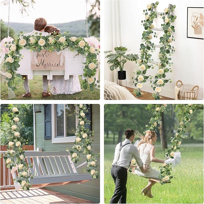 TOCHGREEN 4Pcs(26 Ft) Artificial Eucalyptus Flower Garland with Champagne Rose Flowers,Faux Rose Vine Gypsophila,Floral Greenery for Party Wedding Table Decor (Champagne, 4PCS)