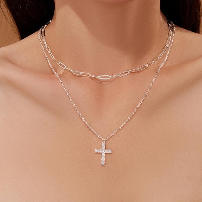 Layered Gold Necklaces for Women, Stackable Dainty 14K Gold Silver Plated Trendy Simple Heart Diamond Cross Bow Circle Pendant Paperclip Choker Dot Chain Necklace,Jewelry Set Gifts for Women