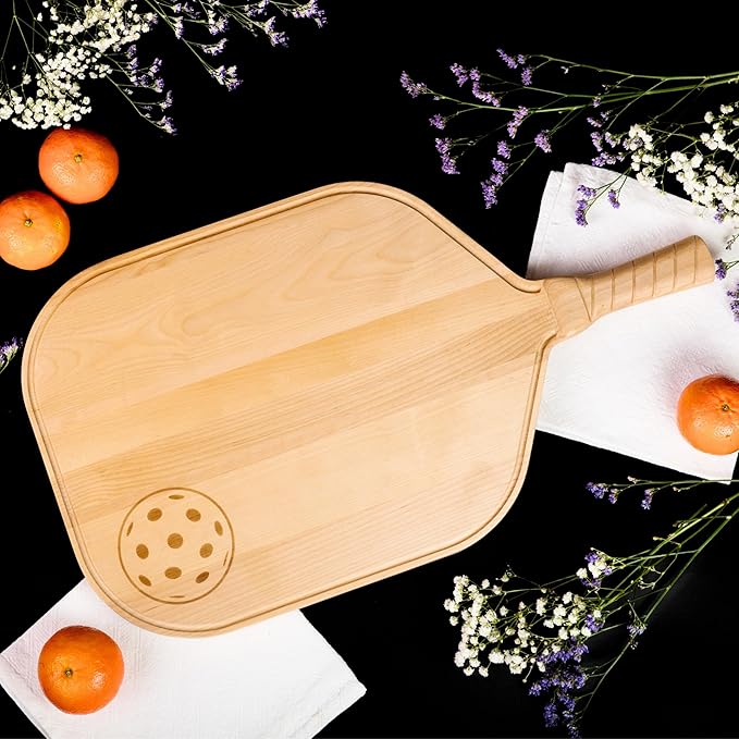 Pickleball Charcuterie & Cutting Board, Pickleball Gift, Party Size - 22.5 x 5.5 x 0.75”, Birch Wood, Paddle Shape with Handle, Mineral Oil Finish