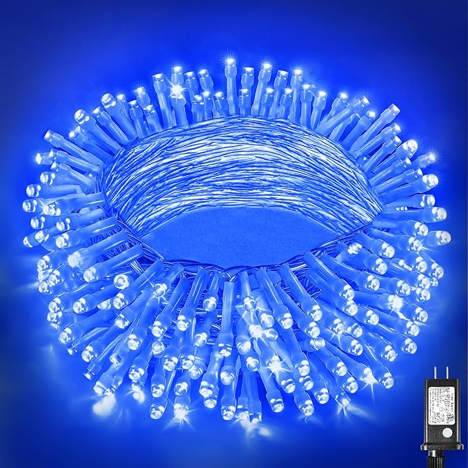 66ft 200 LED Christmas Lights Outdoor - 8 Modes Christmas String Lights Clear Wire with Time Memory, Waterproof Plug in Fairy String Lights for Indoor Outdoor Home Party Garden Decoration, Blue